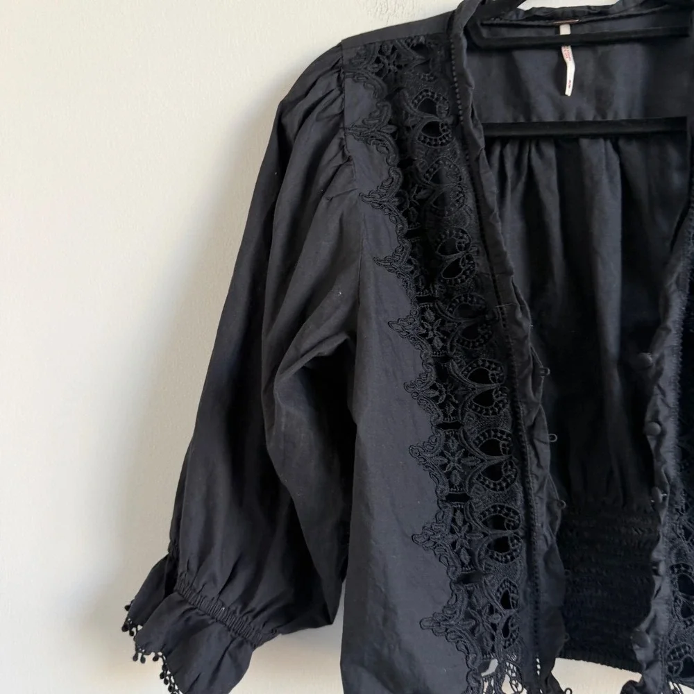 Free People Louella Black Lace‎ and Embroidered Button Front Cotton Top Medium